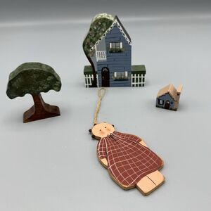 Vtg 3 Hand Painted Wood Figurines 1 Wood Ornament Folk Art Kitsch Cottagecore